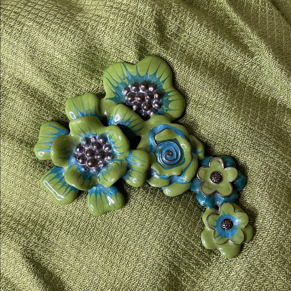 Vintage Enamel Pin. Lime Green with Accents of Teal and Gold.